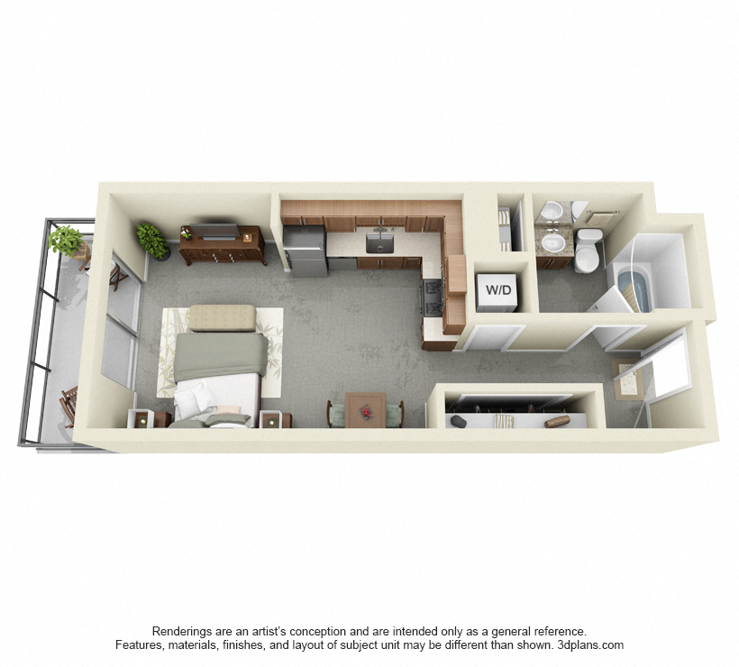 Floor plan for studio, 1 bath, 678 sqft
